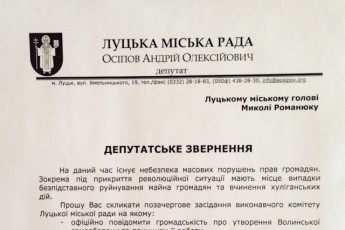 Депутат міськради просить Романюка забезпечити захист громадян та підприємств