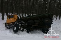 На Волині між селами вантажівка із деревиною перекинулася у кювет (фото)